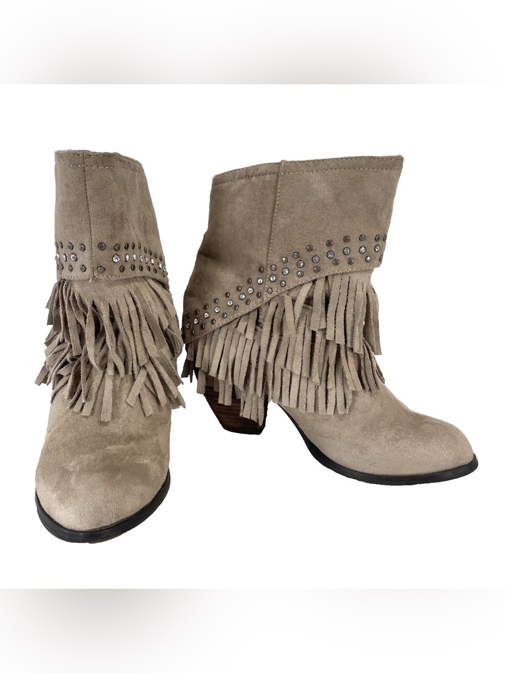 Not Rated Taupe Suede Fringe Ankle Booties with Stud Accents